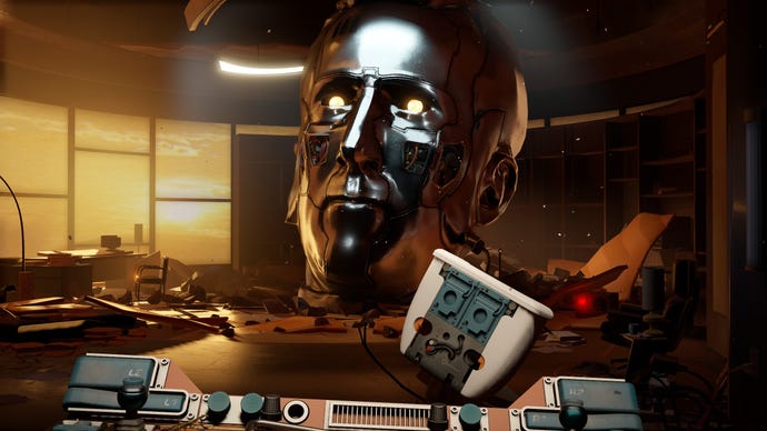 The vast, immortal robot head of Cave Johnson in Aperture Desk Job.