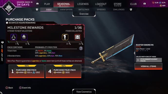 Captura de pantalla de la tienda del juego para el evento cruzado de Apex Legends Final Fantasy 7