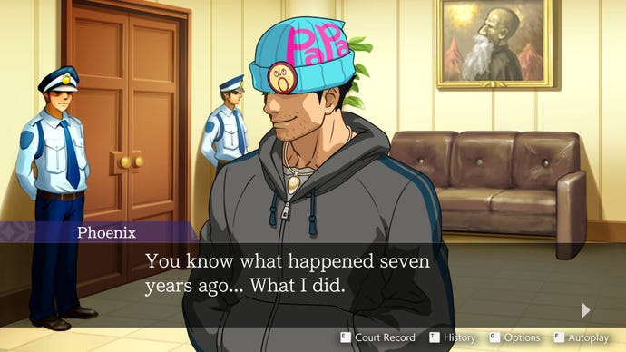 A suspect smiles while his eyes are hidden beneath a beanie hat in the Apollo Justice: Ace Attorney Trilogy