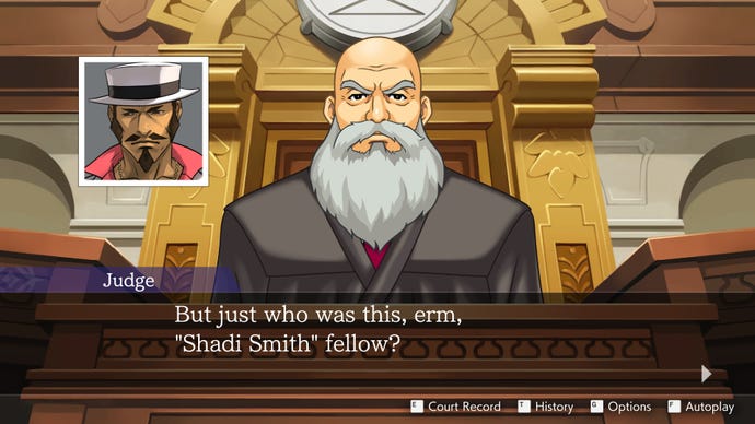 The judge ponders the identify of a victim in the Apollo Justice: Ace Attorney Trilogy