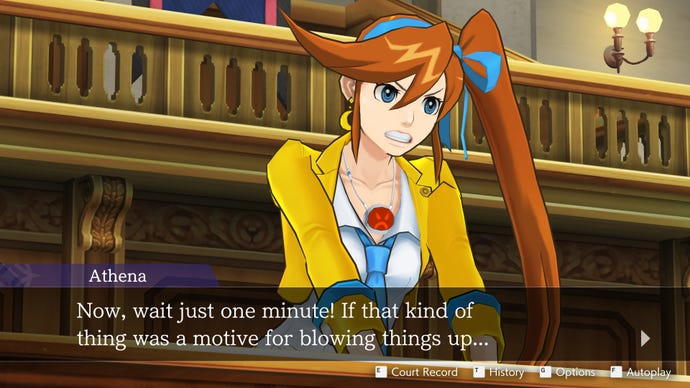 Athena Cykes slams her fists on the bar in the Apollo Justice: Ace Attorney Trilogy
