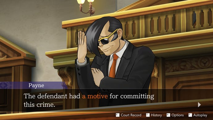 A prosecution lawyer pats his head in the Apollo Justice: Ace Attorney Trilogy