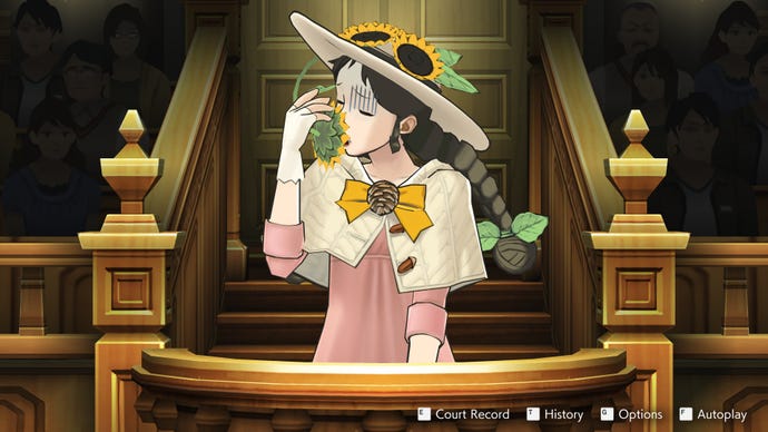 A woman in flowery attire breathes into a sunflower on her hat in the Apollo Justice: Ace Attorney Trilogy