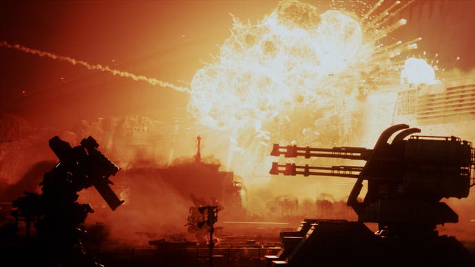 Armored Core 6 promotional screenshot showing a turret-like mech silhoueted to the right, against a backdrop if a spectacular white-orange explosion on some kind of huge wall.