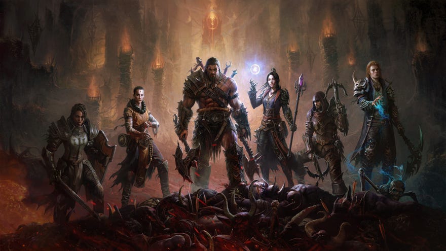 The six classes available at launch in Diablo Immortal: Barbarian, Crusader, Necromancer, Wizard, Demon Hunter, and Monk.