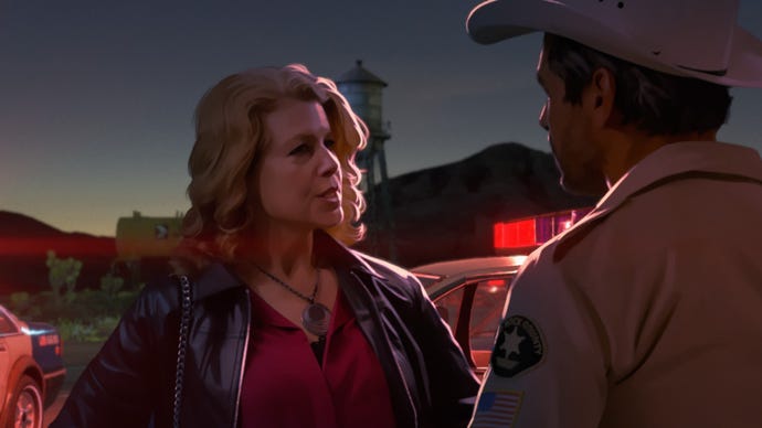 Screenshot from As Dusk Falls showing Sharon and Dante talking while surrounded by police cars.