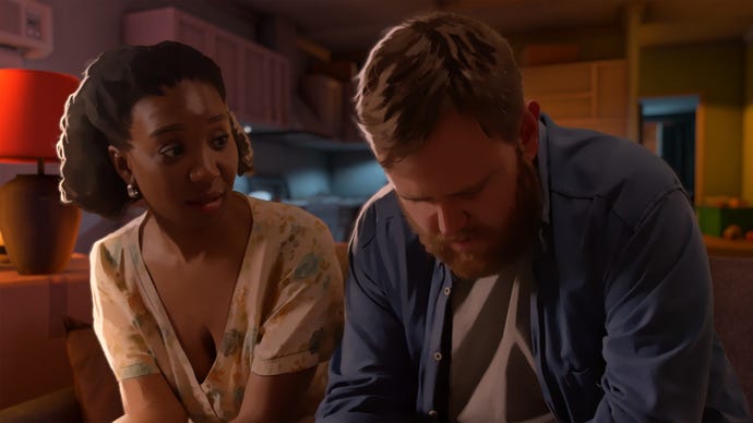 As Dusk Falls screenshot showing Vince looking down into his hands in a dimly lit living room while Michelle looks at him from the side.