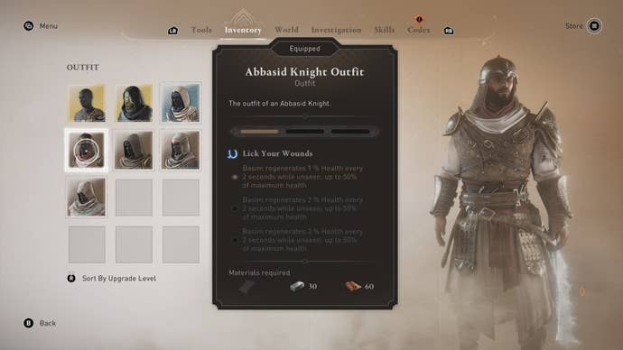 Basim wears the Abbasid Knight outfit in the inventory menu in Assassin's Creed Mirage