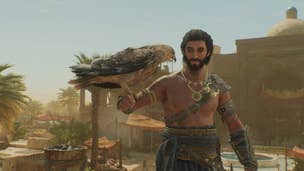 Basim holds bird, Enkidu, in Assassin's Creed Mirage