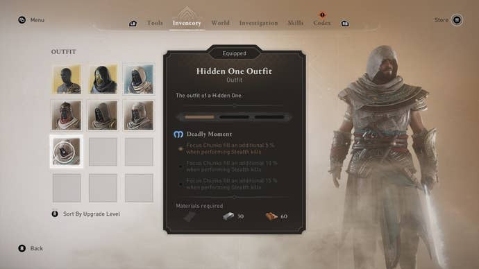 Basim wears the Hidden One outfit in the inventory menu in Assassin's Creed Mirage