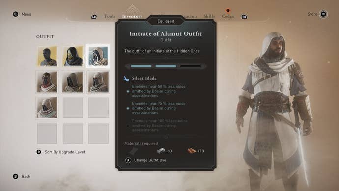 Basim wears the Initiate of Alamut outfit in the inventory menu in Assassin's Creed Mirage