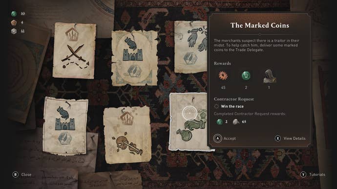 The Marked Coins contract, in which Basim must retrieve and deliver some coins, in the Contracts menu at a Hidden Ones Bureau in Assassin's Creed Mirage