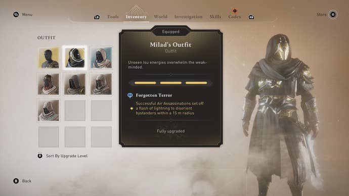 Basim wears the Milad's outfit in the inventory menu in Assassin's Creed Mirage
