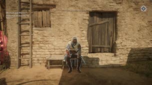 Basim sits on a bench and blends in, in Assassin's Creed Mirage