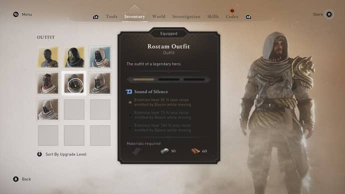 Basim wears the Rostam outfit in the inventory menu in Assassin's Creed Mirage