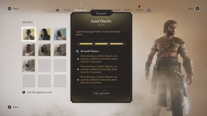Basim wears the Sand outfit in the inventory menu in Assassin's Creed Mirage