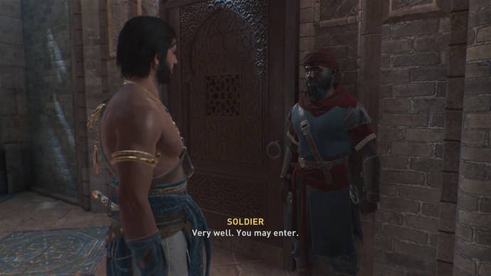 Basim spricht mit einem Wachmann des Schatzmeisters im Basar in Assassin's Creed Mirage