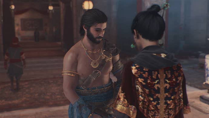 Basim spricht privat mit der Schatzmeisterin in ihrer Kammer im Basar in Assassin's Creed Mirage