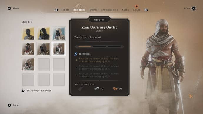 Basim wears the Zanj Uprising outfit in the inventory menu in Assassin's Creed Mirage