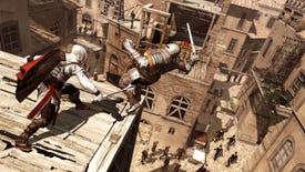 Ezio knocks an enemy off a roof, surely to his death, in Assassin's Creed 2