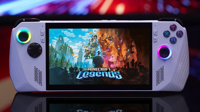 An Asus ROG Ally showing a Minecraft Legends splash screen.