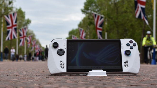 The Asus ROG Ally, in its included upright stand, on the Mall in London.