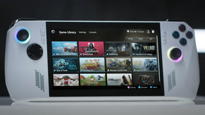 The Asus ROG Ally handheld gaming PC showing its library screen.