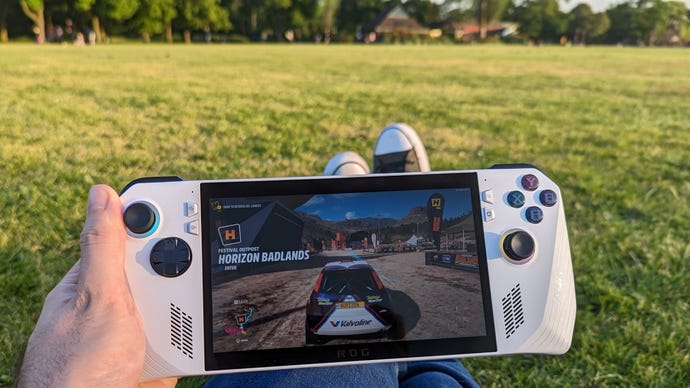 A first-person view of playing Forza Horizon 5 on an Asus ROG Ally, out in a field.