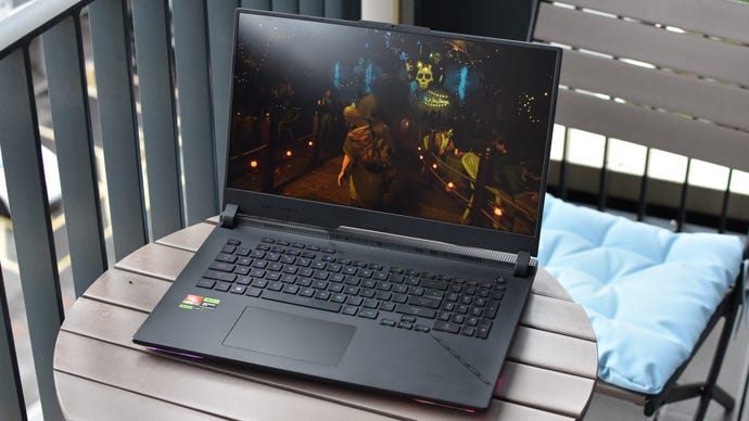 An Asus ROG Strix Scar 17 laptop running Shadow of the Tomb Raider.