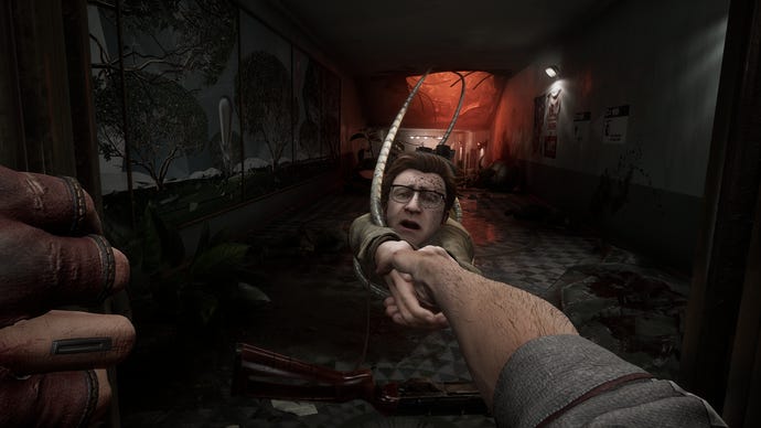 A worker is dragged away by a robotic tentacle in Atomic Heart.