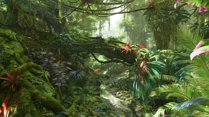 Un exuberante paisaje selvático, espesas enredaderas y raíces rizadas, en Avatar: Fronteras de Pandora.