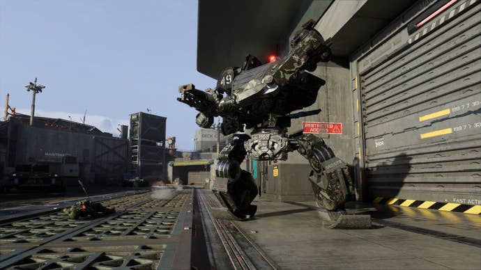 Avatar: Fronteras de Pandora: una instalación militar con un enorme robot hecho por el hombre posando con sus armas preparadas.