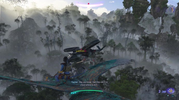 A player attacks a helicopter while riding an ikran above a rainforest in Avatar: Frontiers Of Pandora