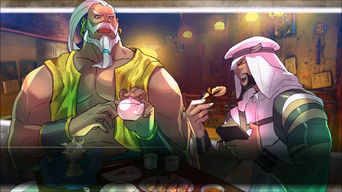 Azam and Rashid in a comic-style cutscene from Street Fighter V.