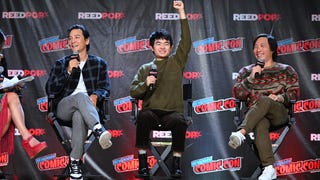 Daniel Wu, Ben Wang, and Kelvin Yu, onstage at New York Comic Con promoting Disney+'s American Born Chinese