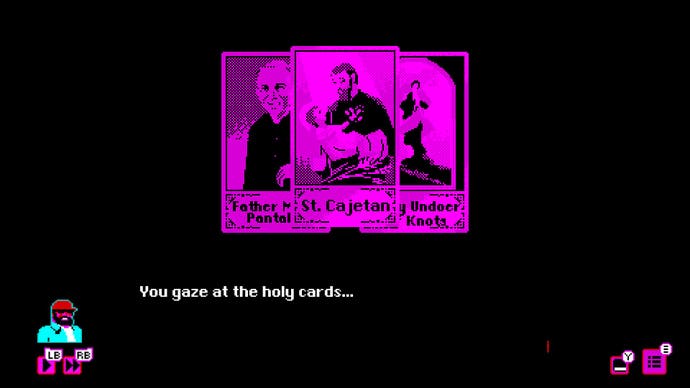 Three Tarot-like cards fill the screen in this shot from Bahnsen Knights. Text reads: 
