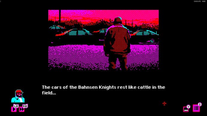 Auf diesem Bild von Bahnsen Knights steht ein Mann mit dem Rücken zu uns und blickt auf einen Parkplatz voller Autos.  Der Text lautet: 