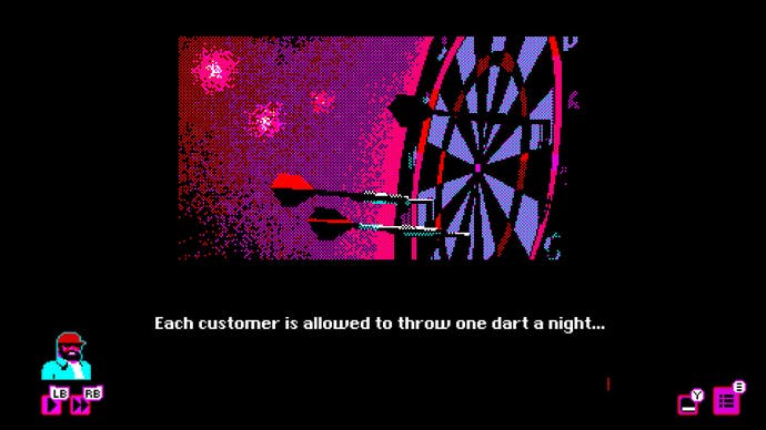 A shot of a dart board with two darts stuck in it in this image from Bahnsen Knights. Text reads: 