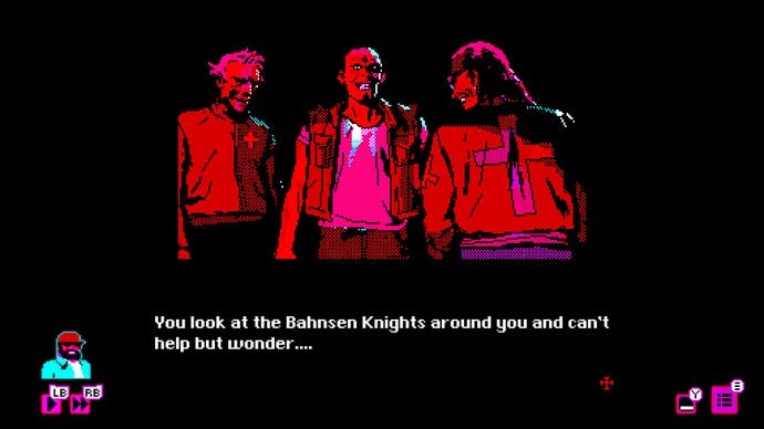 A trio of scary looking cult members in this screen from Bahnsen Knights. Two of them wear clothes with crosses on. Text reads: You Look at the Bahnsen Knights around you and you can't help but wonder...