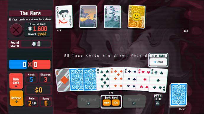A boss in Balatro, with the screen filled with a large hand of cards, some of which are face down, with four jokers at the top of the screen.