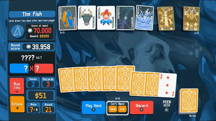 A boss in Balatro, with almost all cards visible face down.