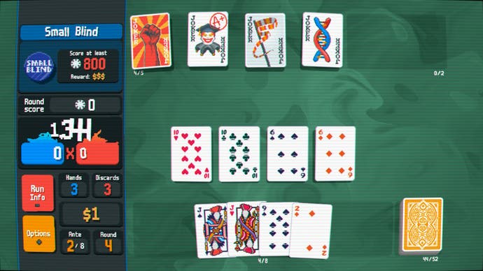 A hand in Balatro shows two pairs, with four trumps at the top of the screen.