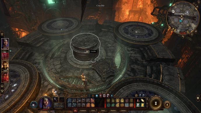 Cursor highlighting the crucible in the middle of a circular forge area surrounded by lava below.
