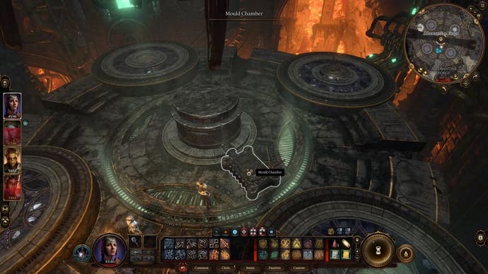 Cursor highlighting the Mould Chamber in the middle of a circular forge area surrounded by lava below.