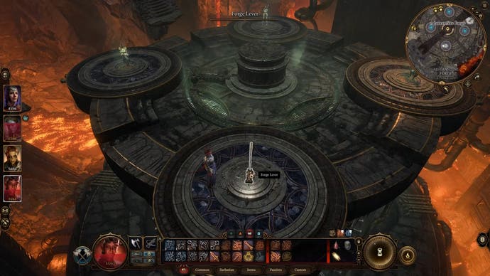 Cursor highlighting the Forge Lever near the edge of a circular forge area surrounded by lava below.