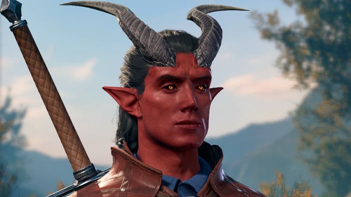 Close up of male body shaped Asmodeus Tiefling.