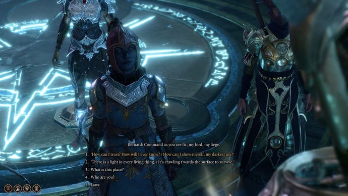 Drow character selecting dialogue options with a robotic looking creature in the foreground.