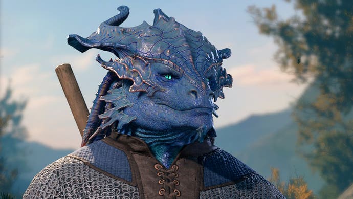 Close up of male shaped Blue Dragonborn.