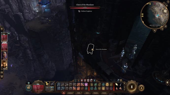 Cursor highlighting the chest of the mundane on a dark balcony outside a tower.