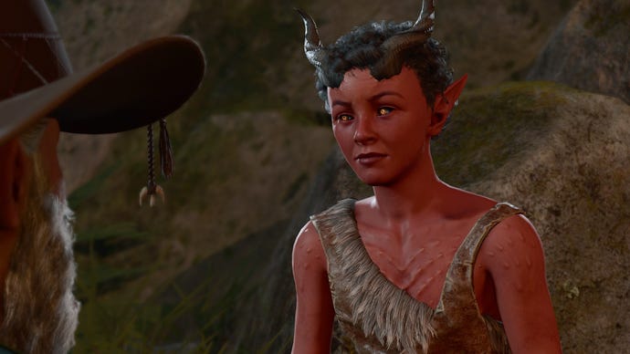 Baldur's Gate 3 image showing the side of a Gnome Wizard's face as they talk to Doni, a young Tiefling.